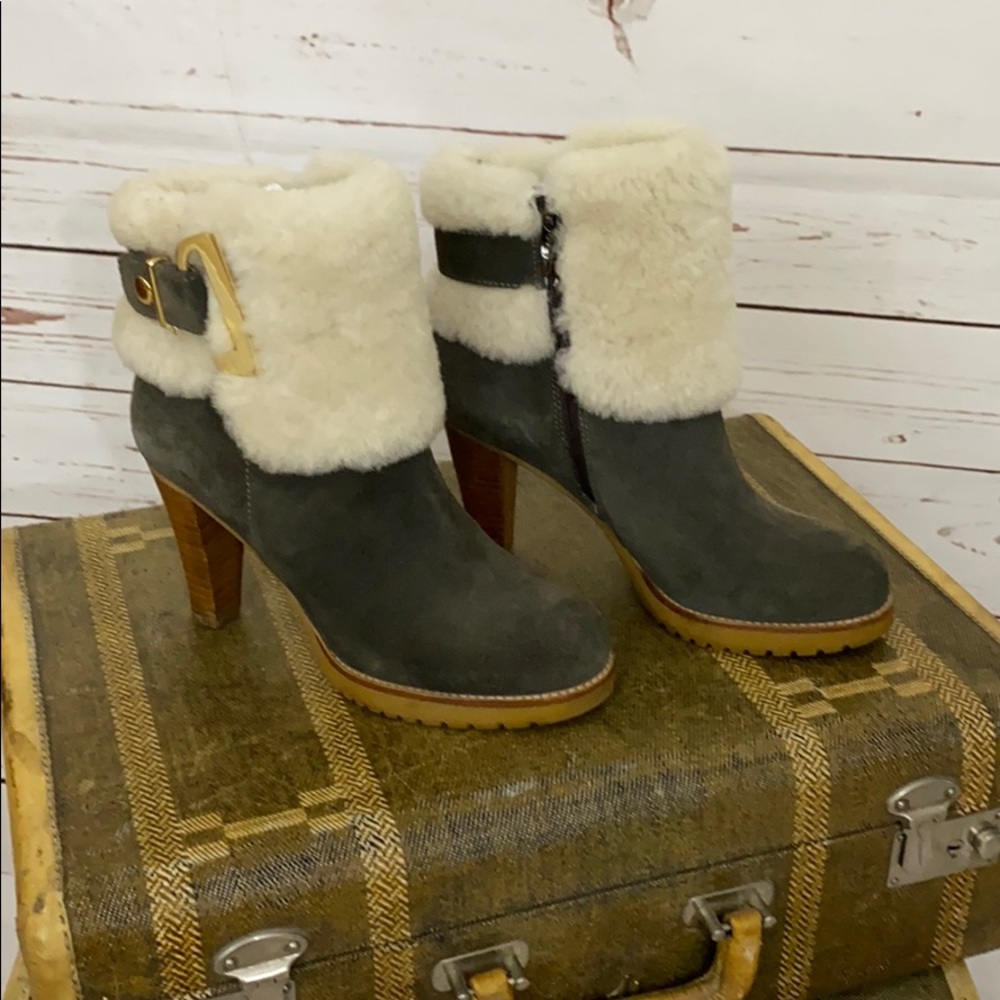 Harson Shearling Top Green Suede Healed Booties